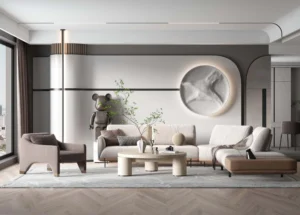 Modern living room with luxury vinyl plank flooring in a wood finish.
