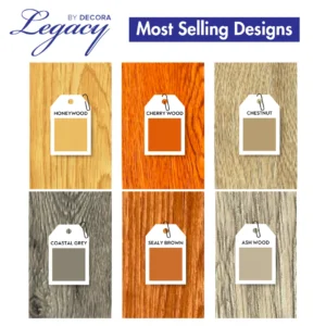 Samples of vinyl flooring types including planks, tiles, and sheet vinyl.